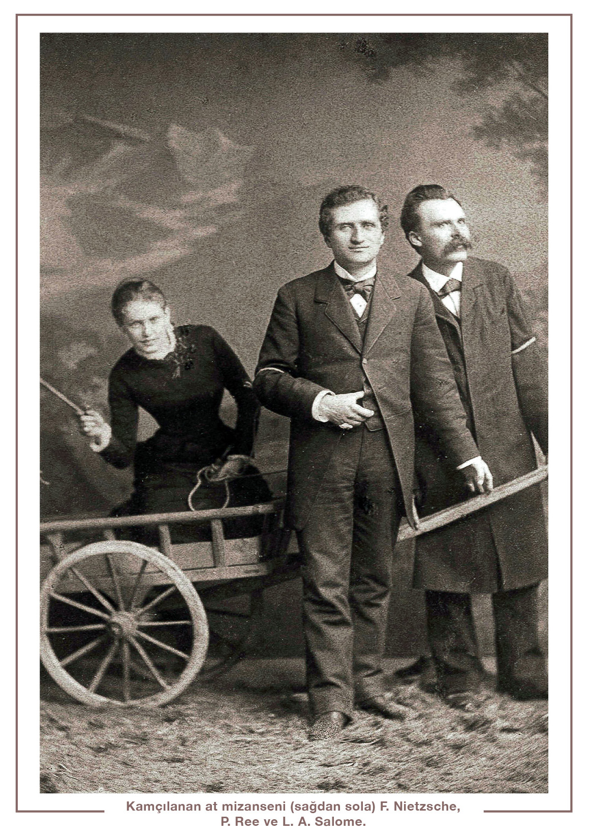 Kamçılanan at mizanseni (sağdan sola) F. Nietzsche, P. Ree ve L. A. Salome.